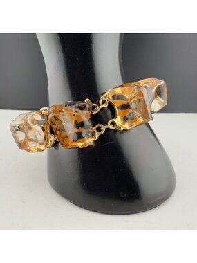 Vintage Gold Tone Lucite Leopard Clear Ice Cube Chunky Bracelet 7 in
